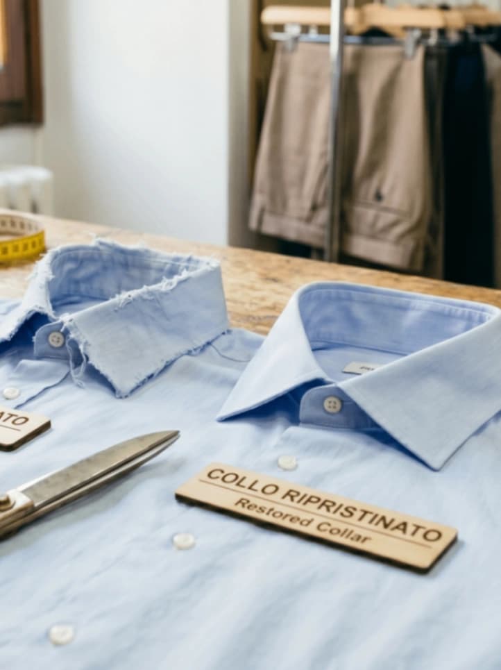 Girare collo camicie, invertire tessuto rovinato, ripristino collo camicia 2